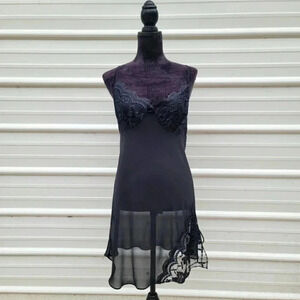 Intimate Affair California Women's Chemise Lingerie Black Satin Lace Vintage M